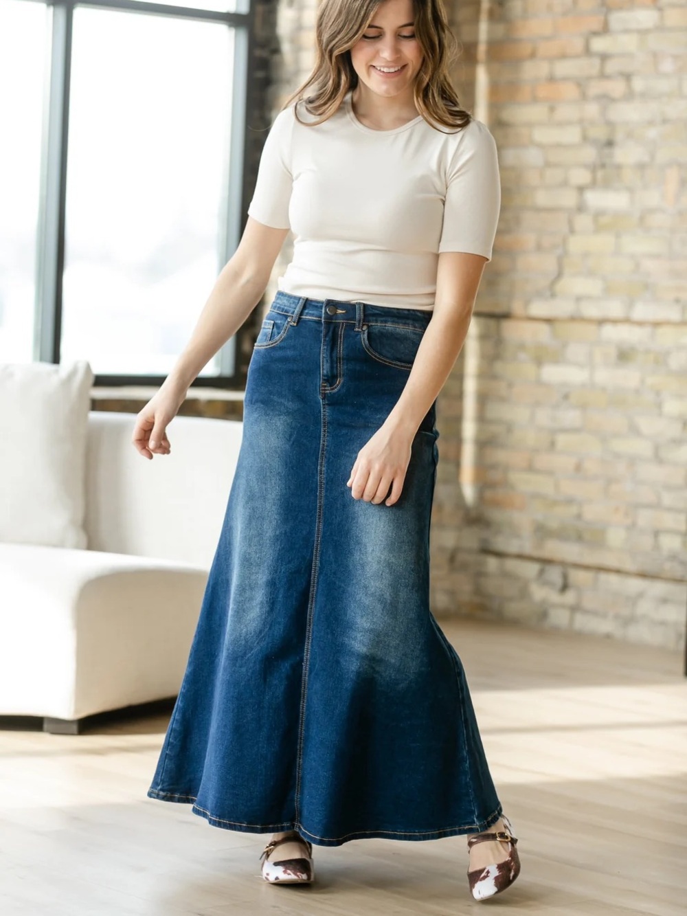 Willow & Clay Dark Blue Denim Flare Maxi Skirt